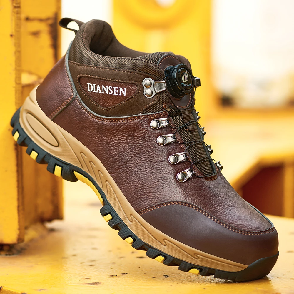 Brown Steel Toe Work Shoes for Men Rotary Buckle Leather Warproof Puncture-Proof Industrial Anti-Smash Protective Shoes