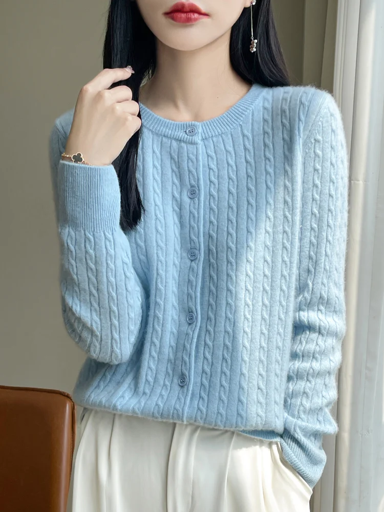 Cardigan Jacquard de couleur unie, col rond, pull en laine mérinos, doux et chaud, tricot Sexy, hauts féminins, nouvelle collection automne hiver 100%