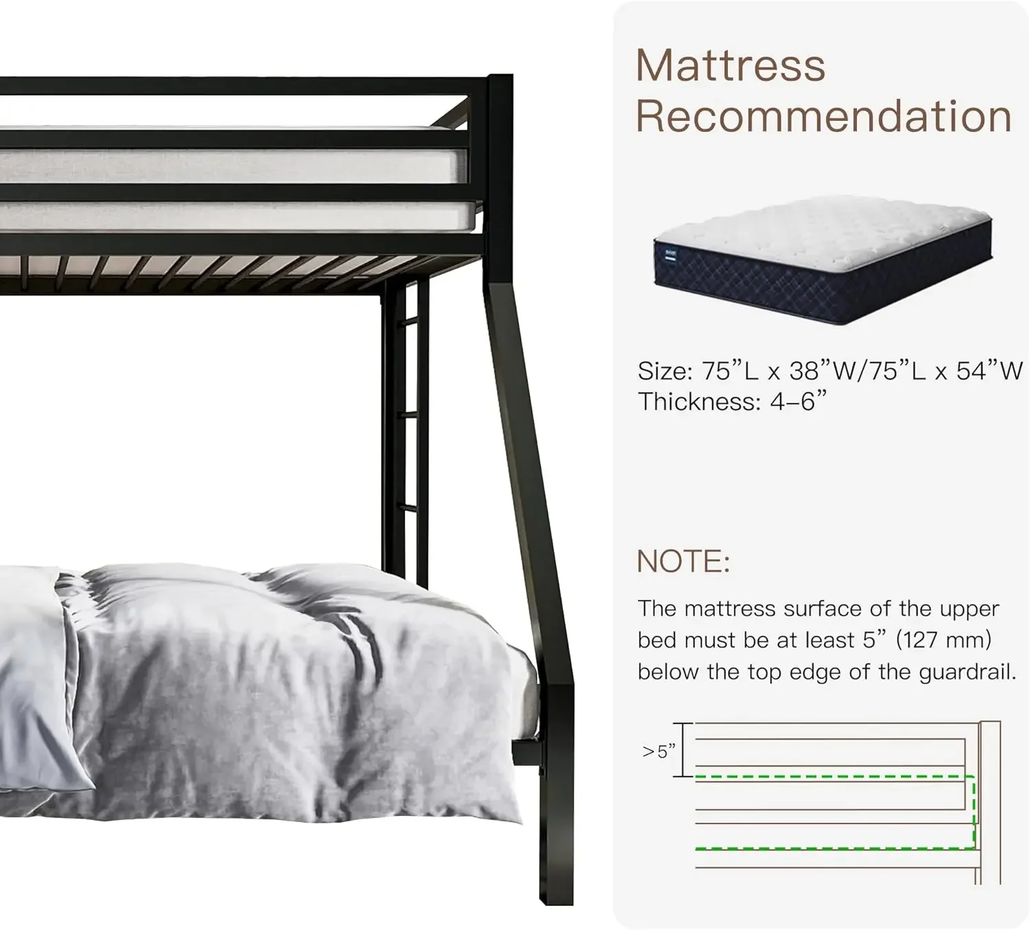 win Over Full Size Beds with Sturdy Guard Rail Removable Ladder, Space-SavingNoise-FreeMatte Black