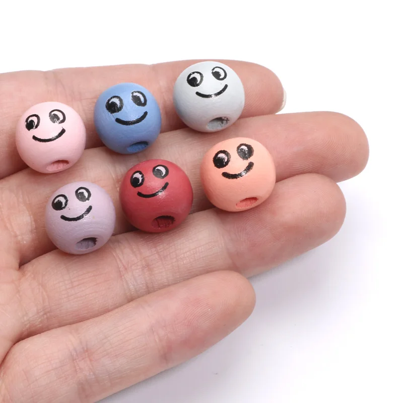 14mm 30Pcs Smiling Face Pattern Mixed Color Circular Bead Wooden Bead For Handmade Jewelry Making Bracelets Necklaces Accessorie