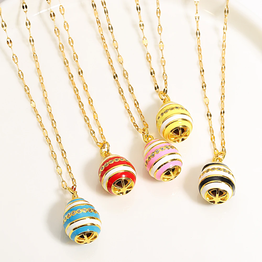 Greatera Colorful Enamel Easter Egg Pendant Necklaces for Women Guilloche Locket Egg Gold Plated Chain Necklaces Party Jewelry