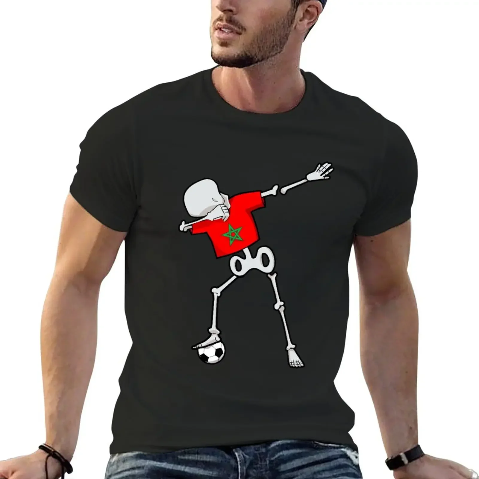 Dabbing Soccer Football Skeleton Morocco T-Shirt korean fashion summer tops black slim fit t shirts for men Short Sleeve 2024