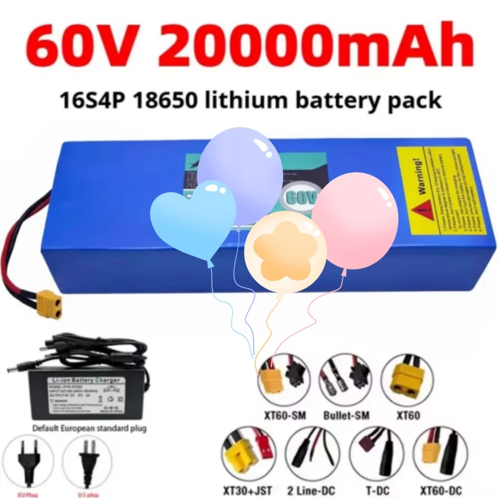 60V 20Ah 16S4P Lithium Battery Pack for Electric Scooter 18650 20000mAh 2000W High-Power with Built-In 50A BMS