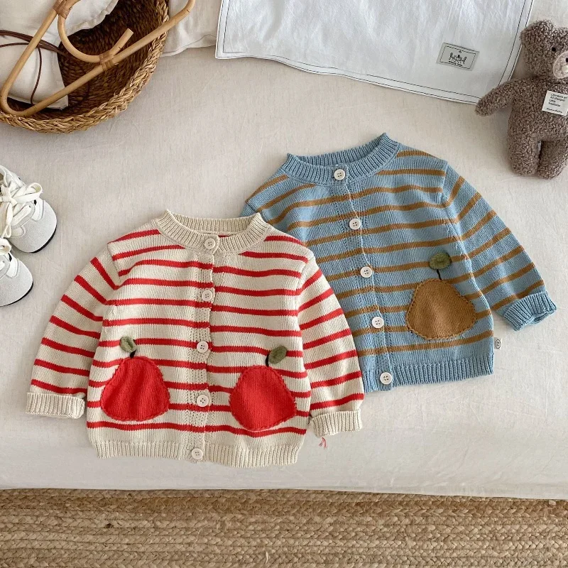

100% Cotton Kids Striped Knit Cardigan Autumn Cute Fruit Patch Button Front Sweater Boys Girls Toddler Outerwear