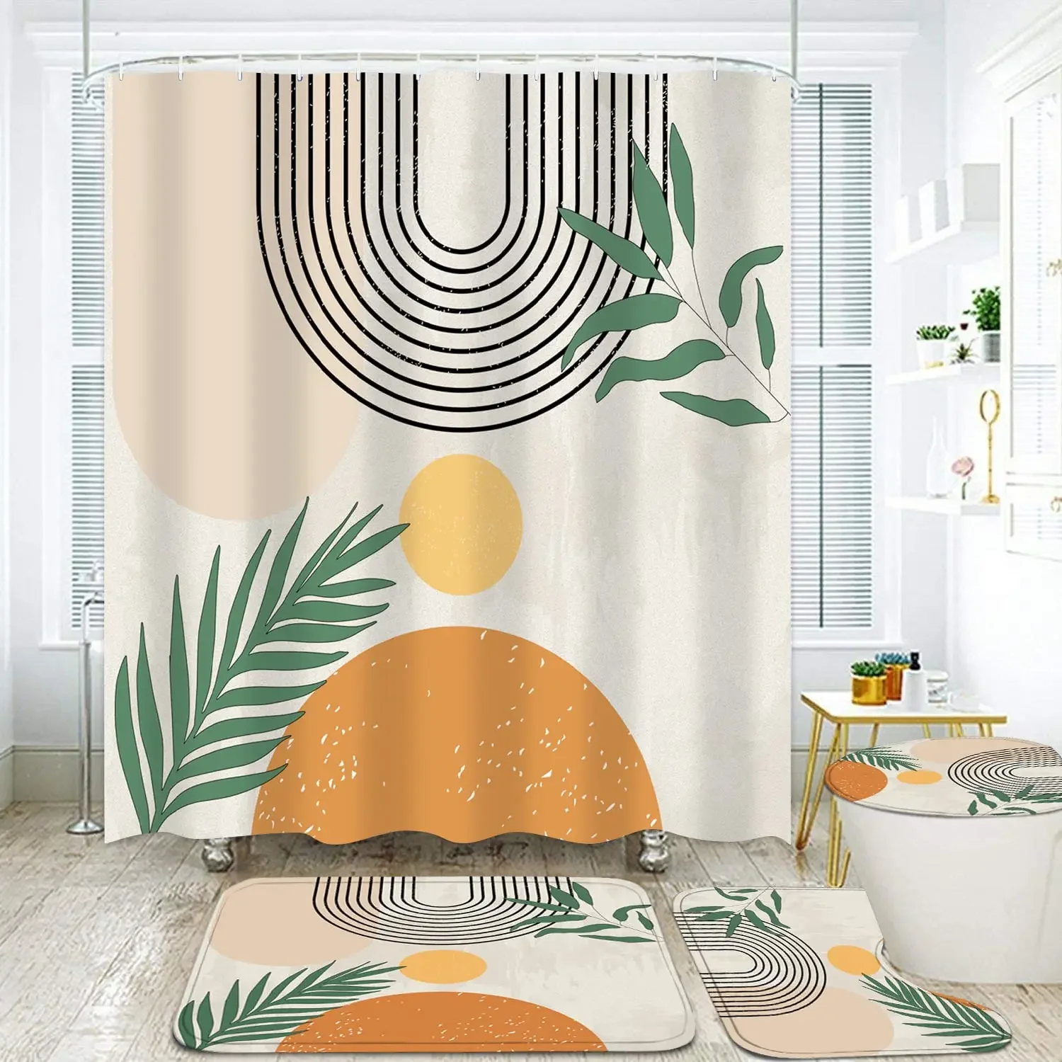 

Mid Century Shower Curtain Set Boho with Mat Rug,Abstract Waterproof Bathroom ,Retro Orange