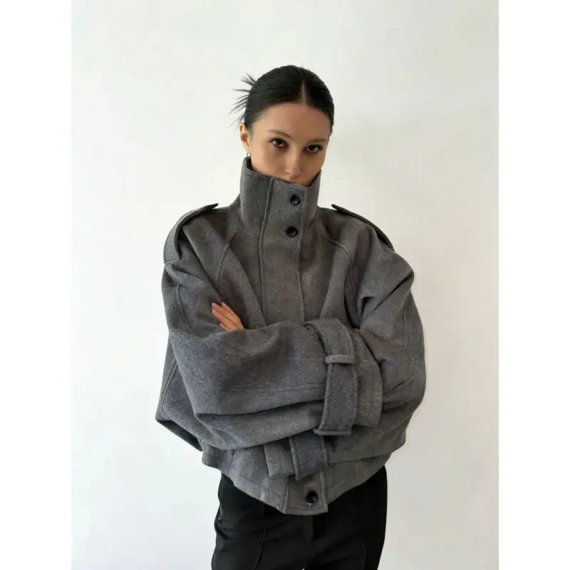 Autumn and Winter Style Grey Stand‑up Collar Single Breasted Fashionable Coat Loose Casual  Elegant Daily Streetwear Jacket