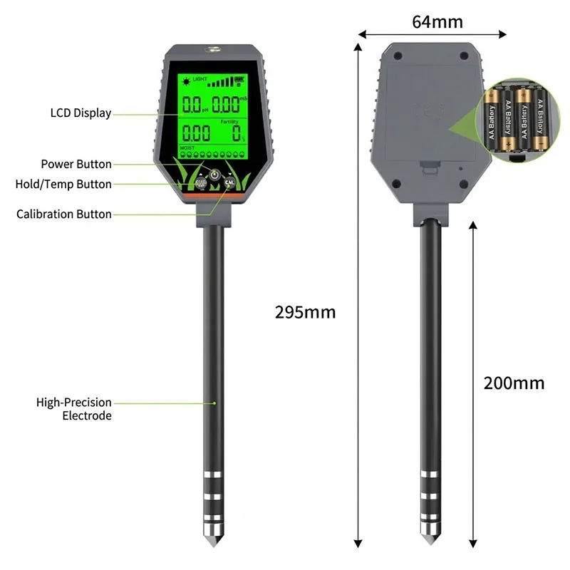 

LCD Backlit Display Multifunctional 6 in 1 Soil pH Fertility Light EC Moisture Thermometer