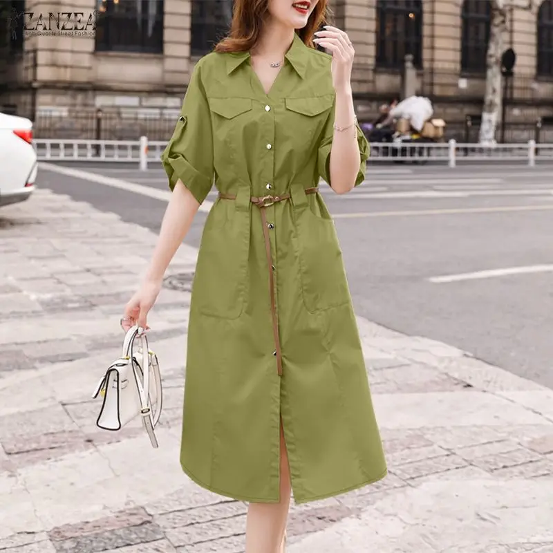 

ZANZEA Women's Casual Cargo Dress Turn-Down Collar Short Sleeve Solid Color Shirt Dresses Summer Button Up Midi Robes Femme 3XL