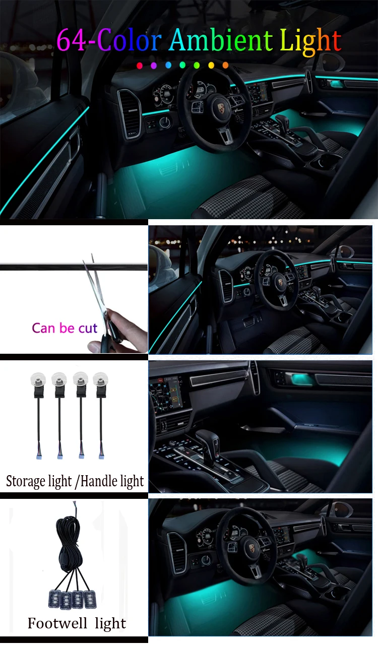 18 in 1 Umgebungslicht für den Innenraum des Autos, 64 Farben, atmen Sie die Armaturenbrett-Türdekoration, LED-Streifenlichter, RGB, Bluetooth, App-Steuerung, 12 V – Detail 5