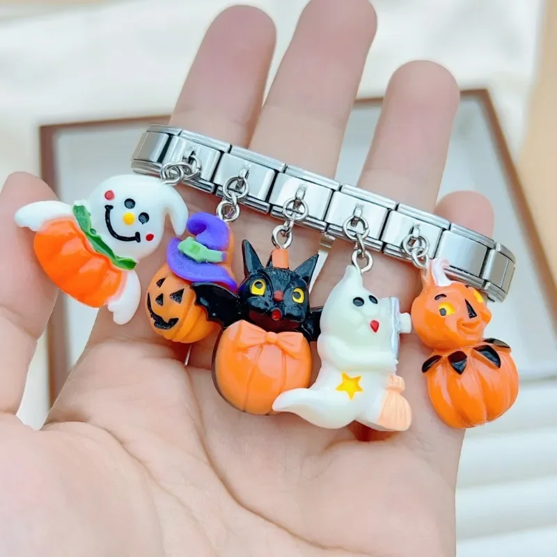 2024 New Halloween Themed Resin 3D Elastic Italian Charm Links Fit 9mm Modular Stainless Steel Modular Bracelet Making Jewelry