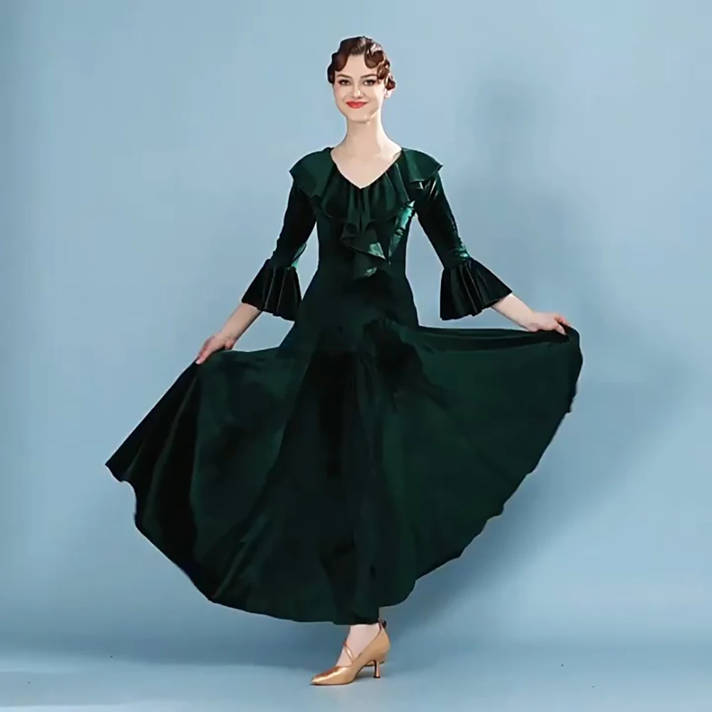 

Современное элегантное бальное платье с рюшами для вальса, темно-зеленое бархатное, стандартное, больших размеров, бордовое, черное, с длинными рукавами