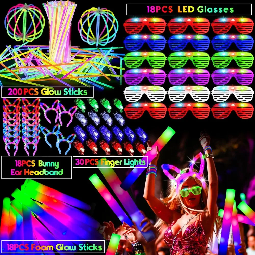 284 PCS Glow in The Dark Party Supplies with 200 Glow Sticks 20 Led