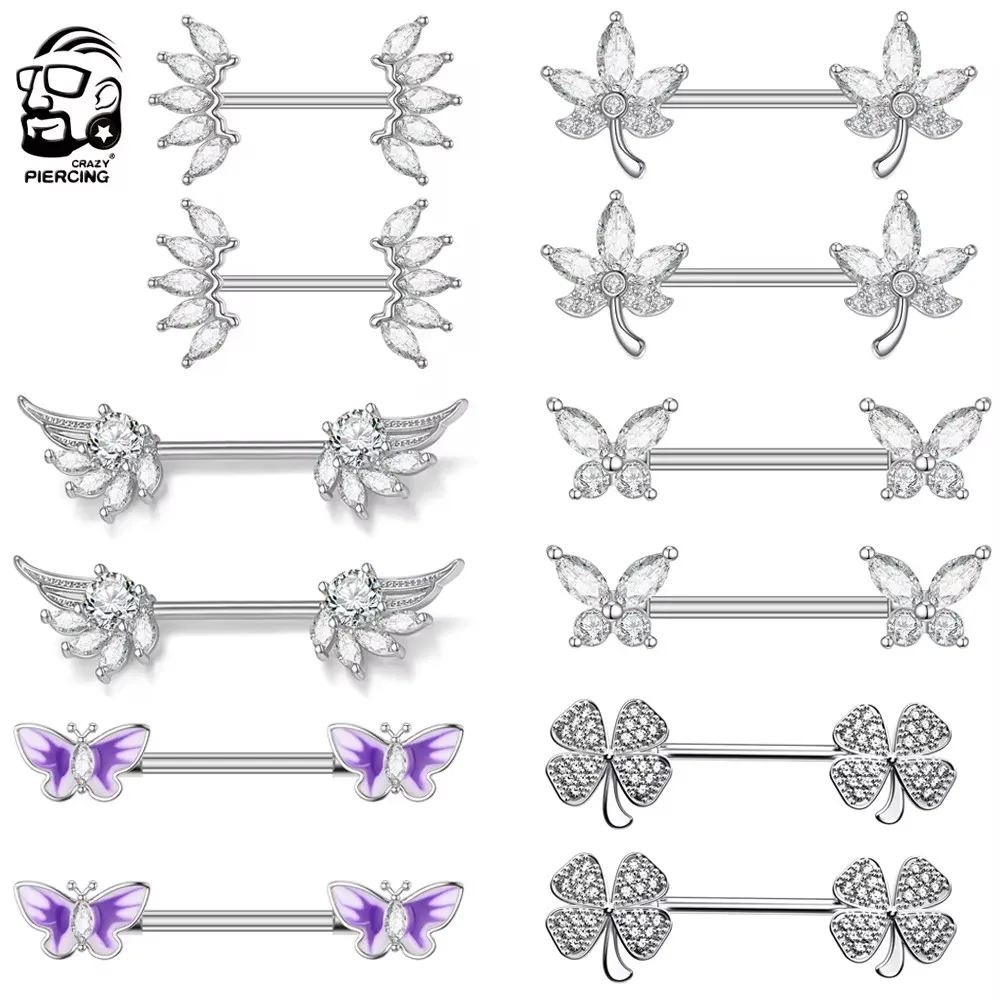 Anéis de mamilo de folha de bordo de aço 316l, 2 peças, barra, borboleta, asa, escudo, piercing para mulheres, meninas, sexy, piercing de mamilo, joias corporais