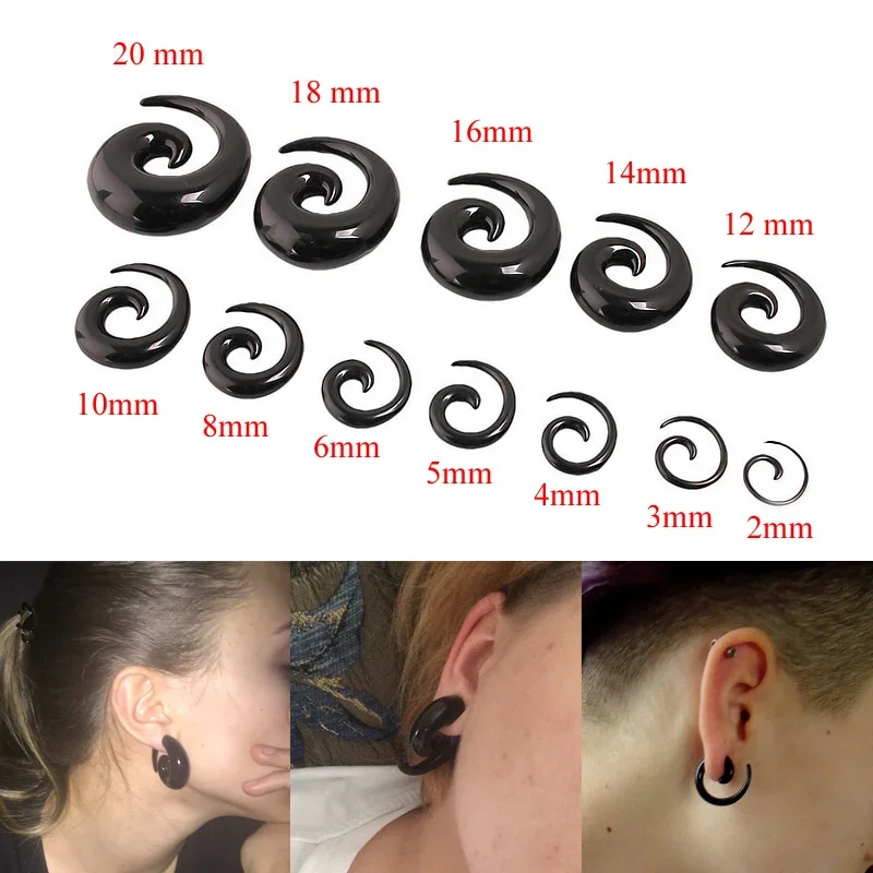 Jauges d'oreille en spirale acrylique noir crème, 2 pièces, cônes d'oreille de grande taille, bouchons d'étirement, extenseurs, bijoux de piraterisation 1.2mm-24mm