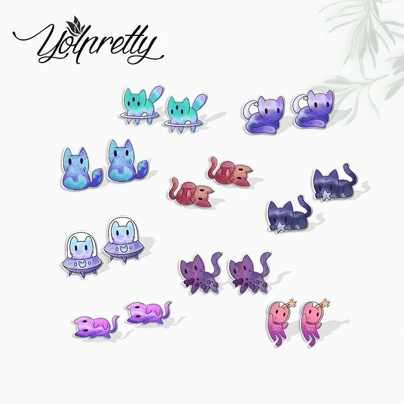 2022 New Arrival Fashion Galaxy Space Astronaut Cats Graffiti Epoxy Stud Earrings Handcraft Acrylic Resin Earrings