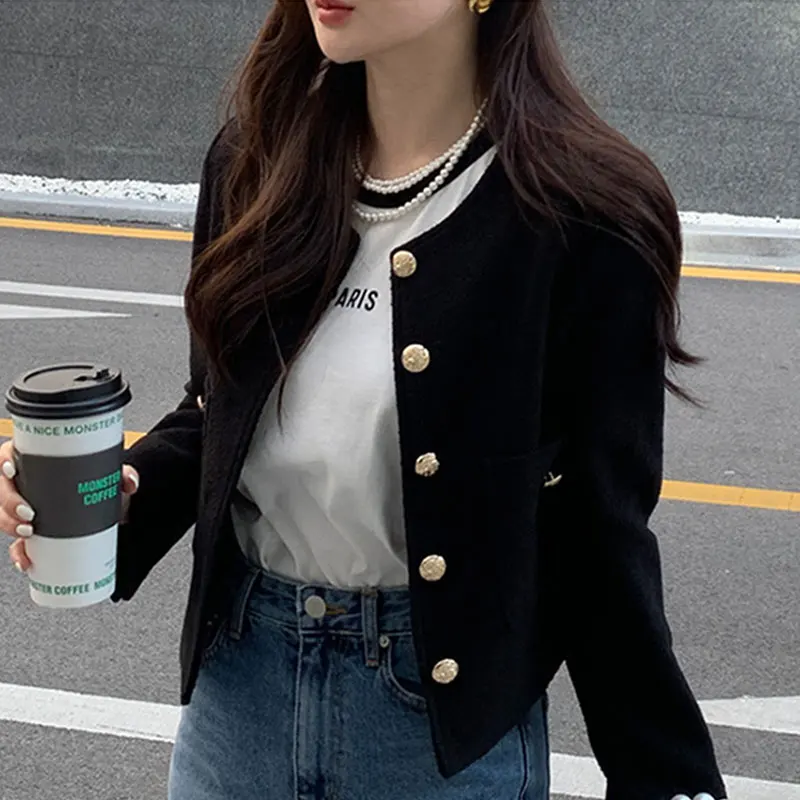 

Ретро-пальто с длинными рукавами, шикарный дизайн с круглым вырезом, плотная ткань, свободный крой, универсальная верхняя одежда для женщин на осенний сезон