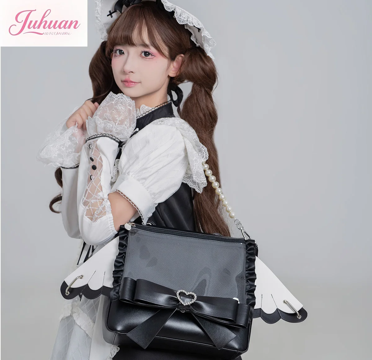 

Sweet Girl Love Bow Pain Relief Bag Cute Lolita Medium Food Crossbody Bag Detachable Wings Pearl Shoulder Strap Student Backpack