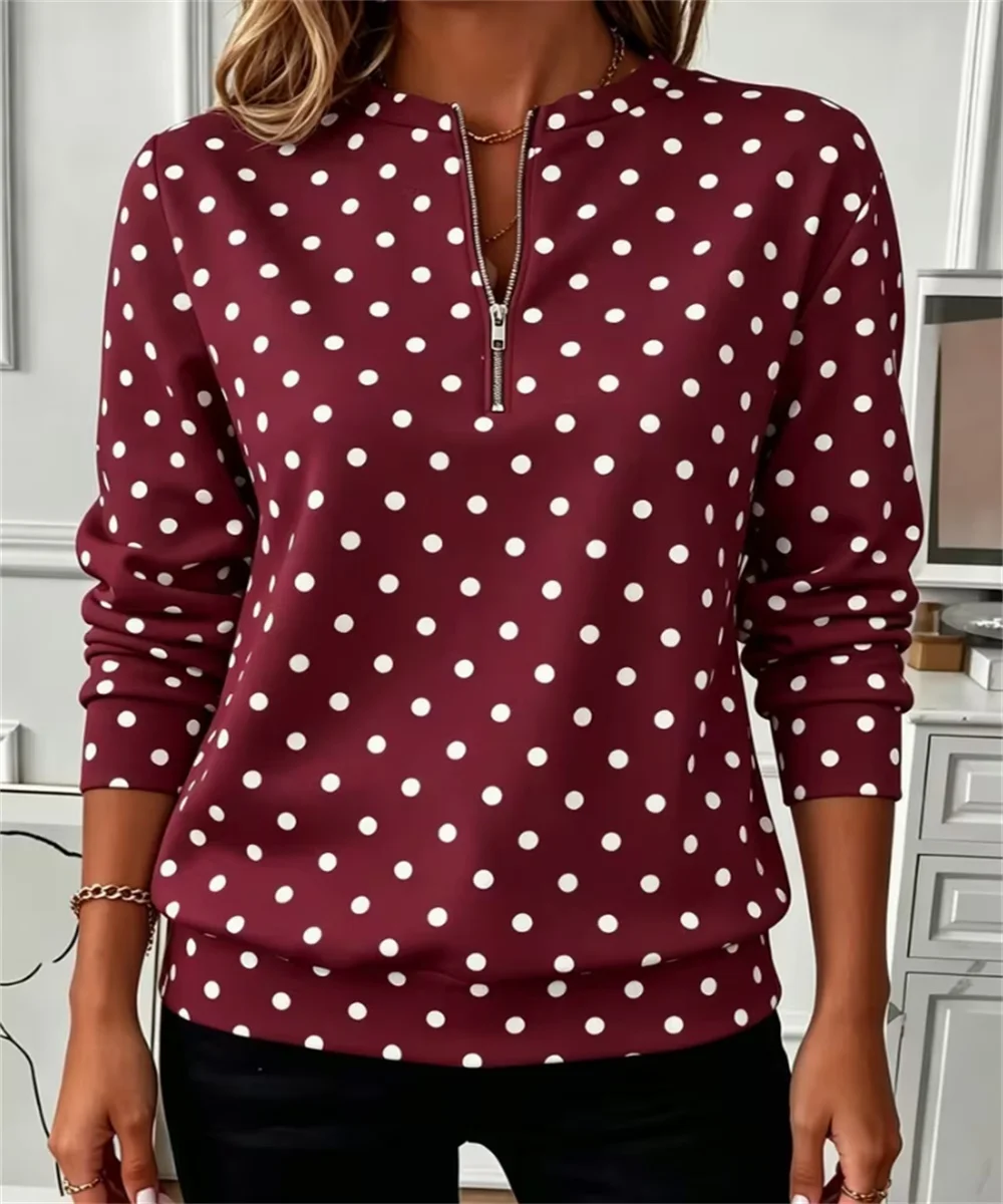 2026 Spring and Autumn women's new classic retro polka dot element printed long sleeved pullover, casual light mature style top