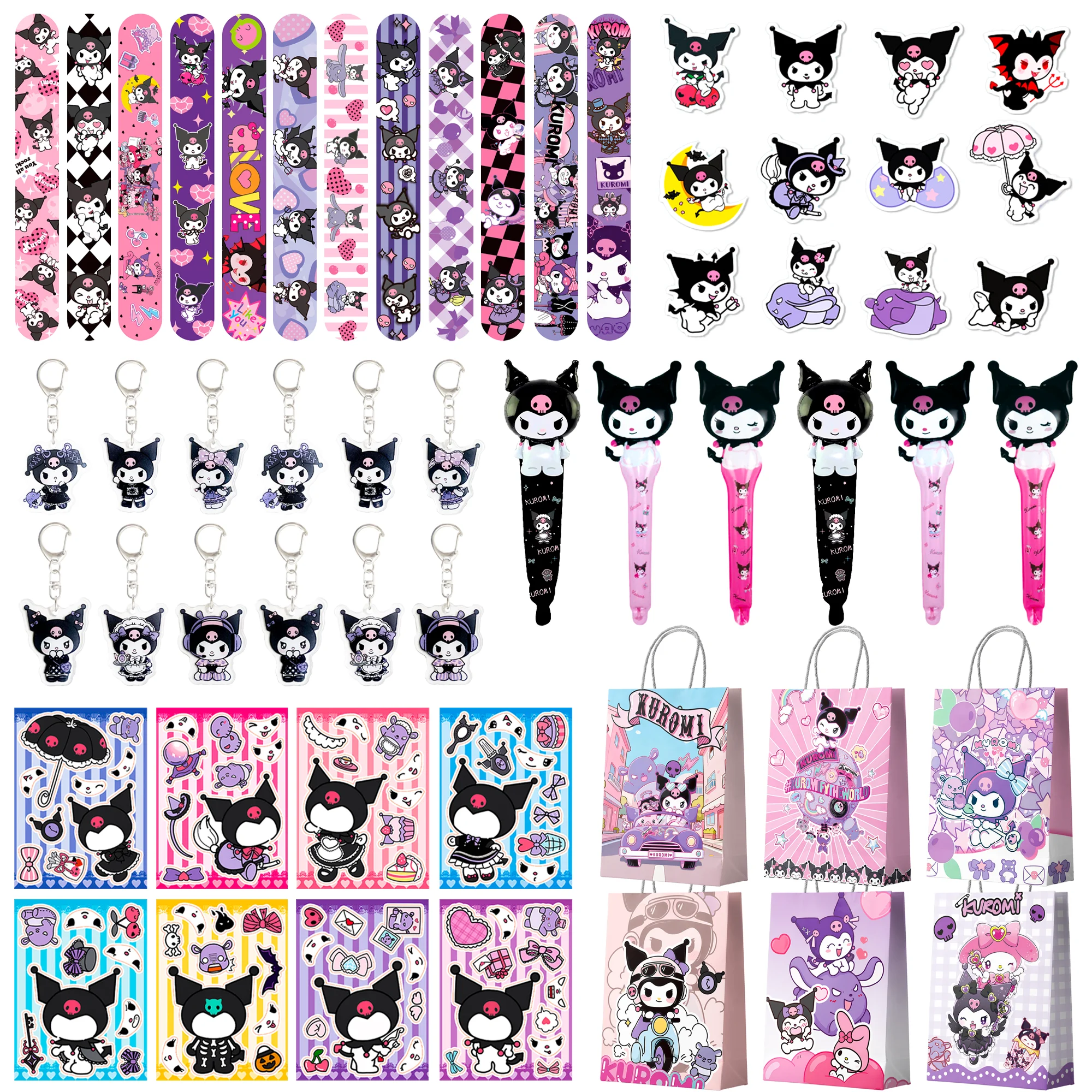 72 pièces de cadeaux pour fête d'anniversaire Kuromi - Sacs cadeaux, autocollants, porte-clés, badges acryliques, etc. pour la fête Kuromi, articles à insérer dans les sacs cadeaux.