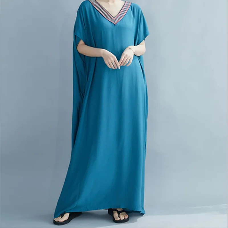 Long Robe Women Summer Style Loose Solid Cotton Fabric V-neck Dress Ladies' home Wear Nightgowns Outside Beach Skirt