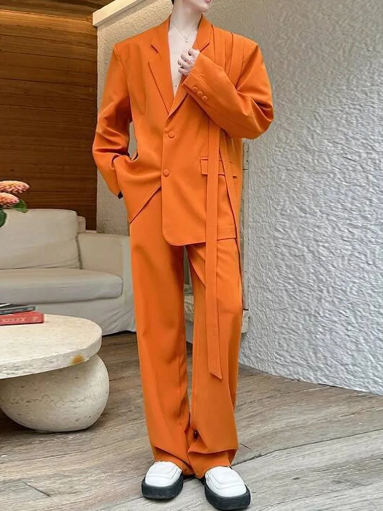 Oversized Blazer Men's Set Orange Ribbon Detail Loose Single Breasted Suit Coat And Casual Straight Wide Leg Pants K335
