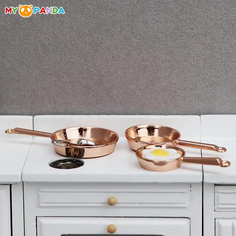 3Pcs/Set 1:12 Dollhouse Miniature Frying Pan Casserole Metal Cookware Model Toy Doll House Kitchen Scene Decor Accessories