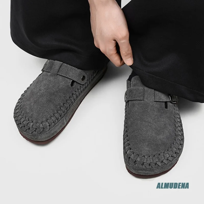 Khaki Suede Men's Woven Mule Round Toe Buckle Strap Flat Sole Street Style Urban Outdoor Minimalist Fashion Casual Shoes