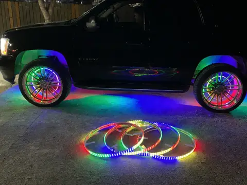 4PCS 15.5 Inch Triple Row RGB Chasing LED Wheel Ring Lights for Car Truck SUV Off Road Underglow Kit APP Remote Control Waterproof