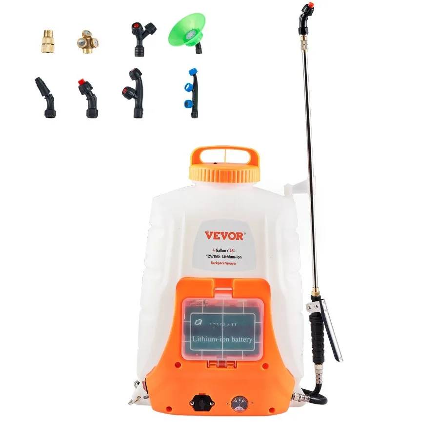 

Battery Powered Backpack Sprayer ; 4 Gal Tank; 090 PSI Adjustable Pressure; Back Pack Sprayer with 8 Nozzles and 2 Wands; 12V