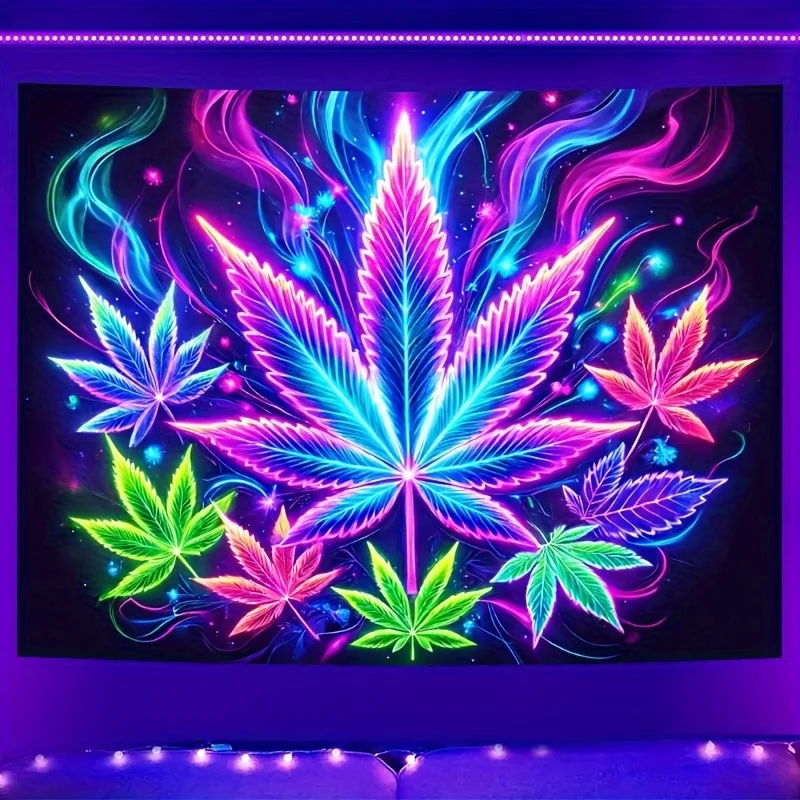 VIKAMA Reactive Neon Cannabis Leaf Tapestry Psychedelic Marijuana Wall Hanging for Blacklight Room Trippy Decor
