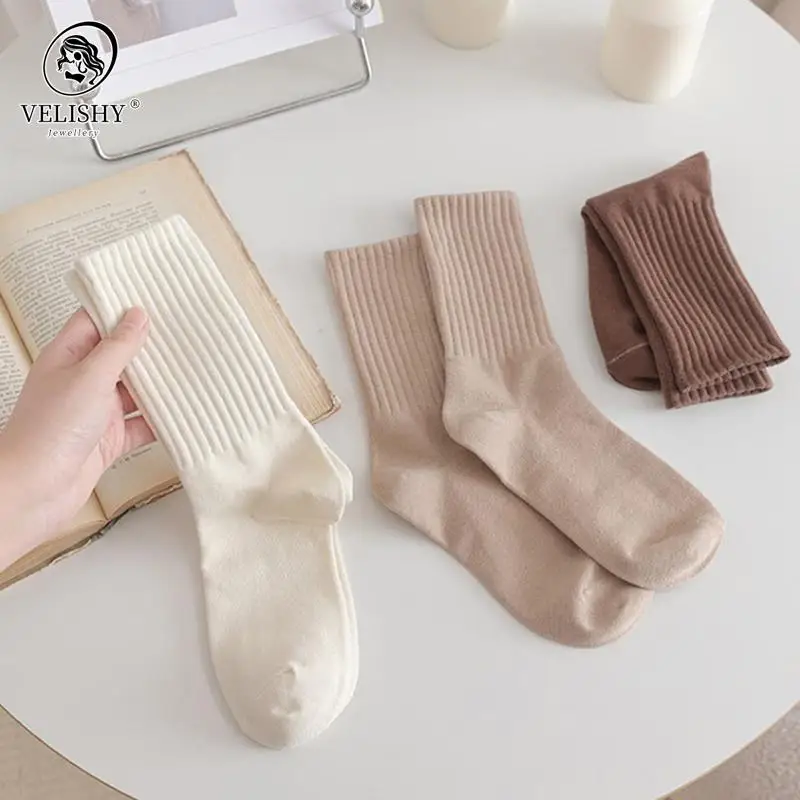 Solid Colors Women Cotton Socks High Quality Autumn Winter Rib Top Paddy Daily Basic Colorful Soft Socks Lady Warm Socks