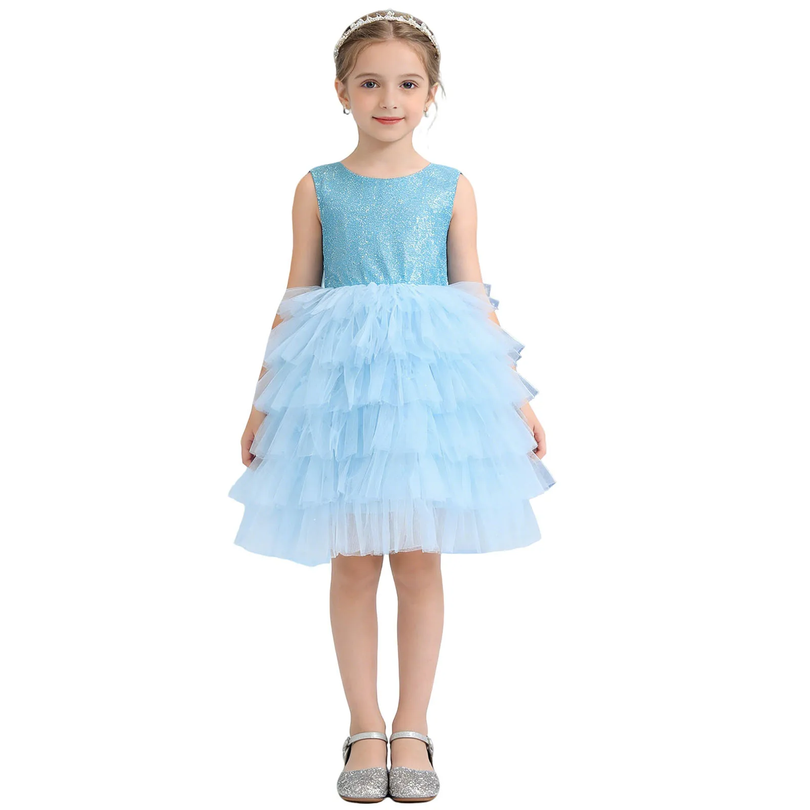 Girls Shimmery Birthday Party Dress Kids Sleeveless Big Bow V-back Tiered Ruffle Tulle Prom Dress Wedding Flower Girl Dresses - view 6