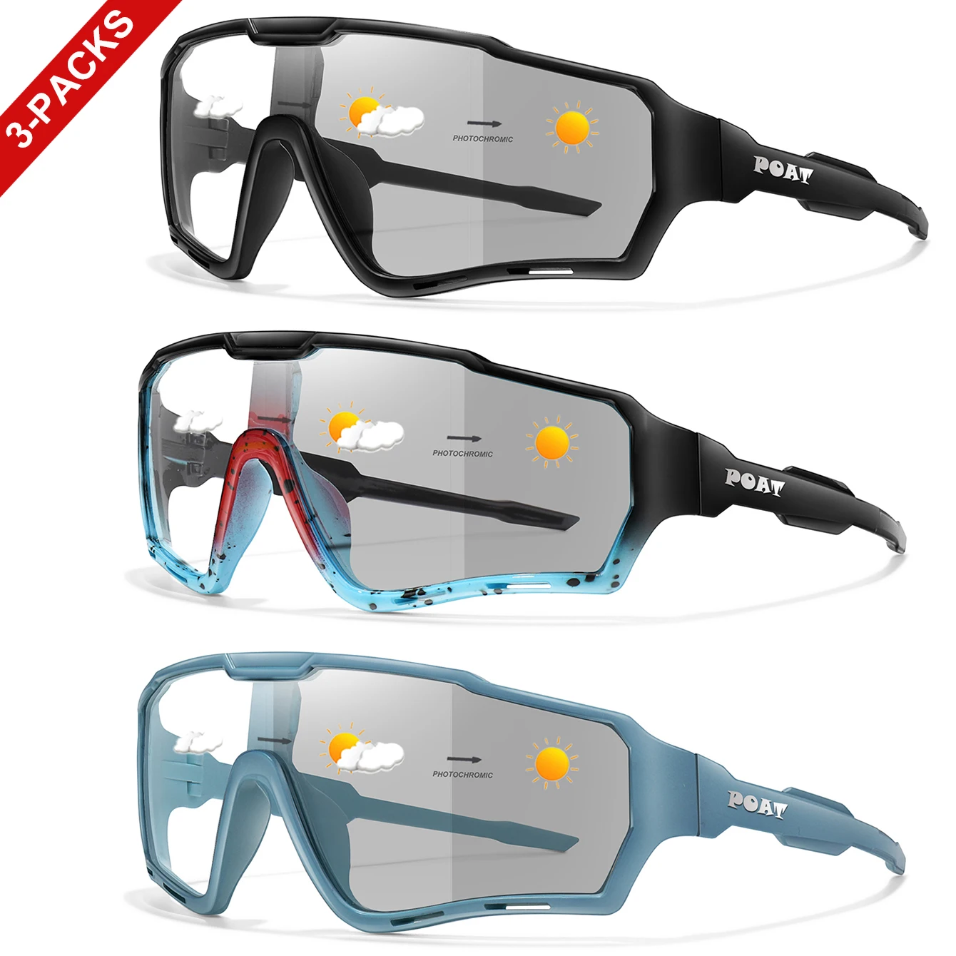 3er-Pack photochrome Fahrrad-Sonnenbrillen für Damen und Herren, Outdoor-Sport, Vollformat-Brillen zum Laufen, Radfahren, Wandern, Unisex