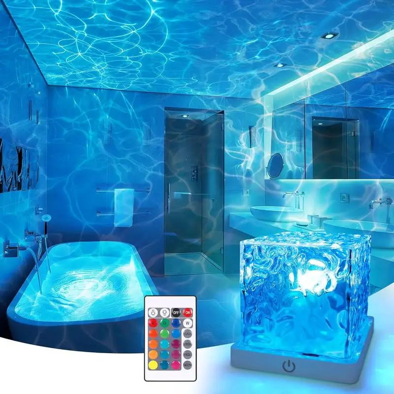 LED Rechargeable Shower Light, 16 Color Ocean Wave Projector, Dimmable Waterproof Remote Lamp, Flame Ripple for Bathroom Bedroom
