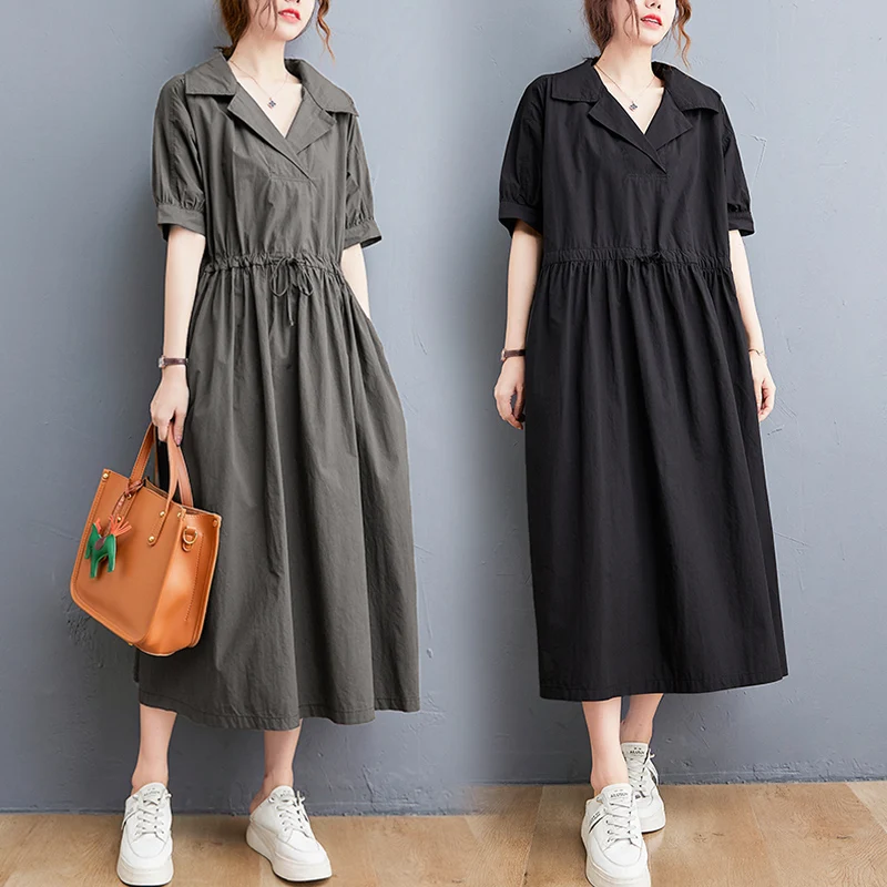 

Cotton Linen Color Patchwork Dr plus Size Women's ort Sve Turn-down Collar Dstring Long A-line Skirt Summer