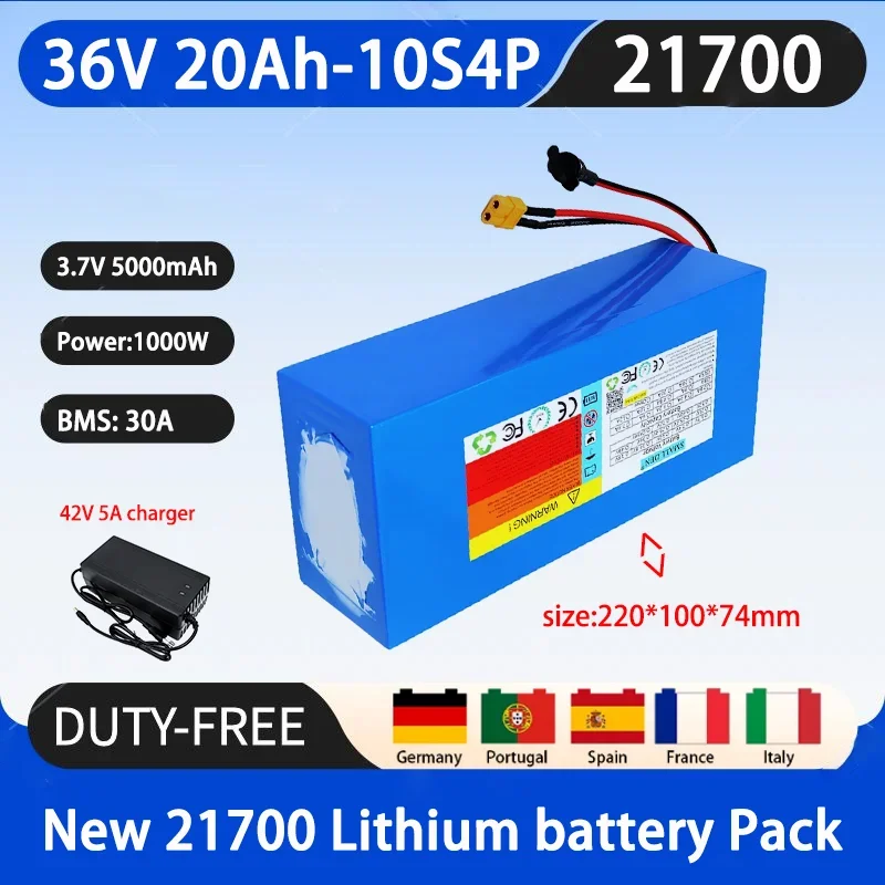 New 36V 20ah 21700 10S4P A-grade lithium battery with built-in 30A BMS outdoor backup energy storage battery and 42V 5A charger