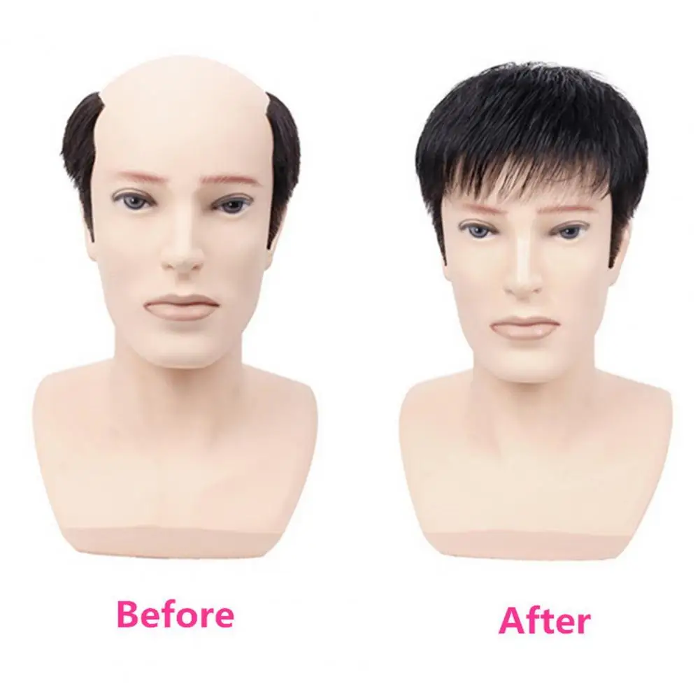Men Short Straight Hairpiece with Bangs BaldSpots Gray Hair Coverage High Temperature Fiber Male Black Synthetic Hair Wig