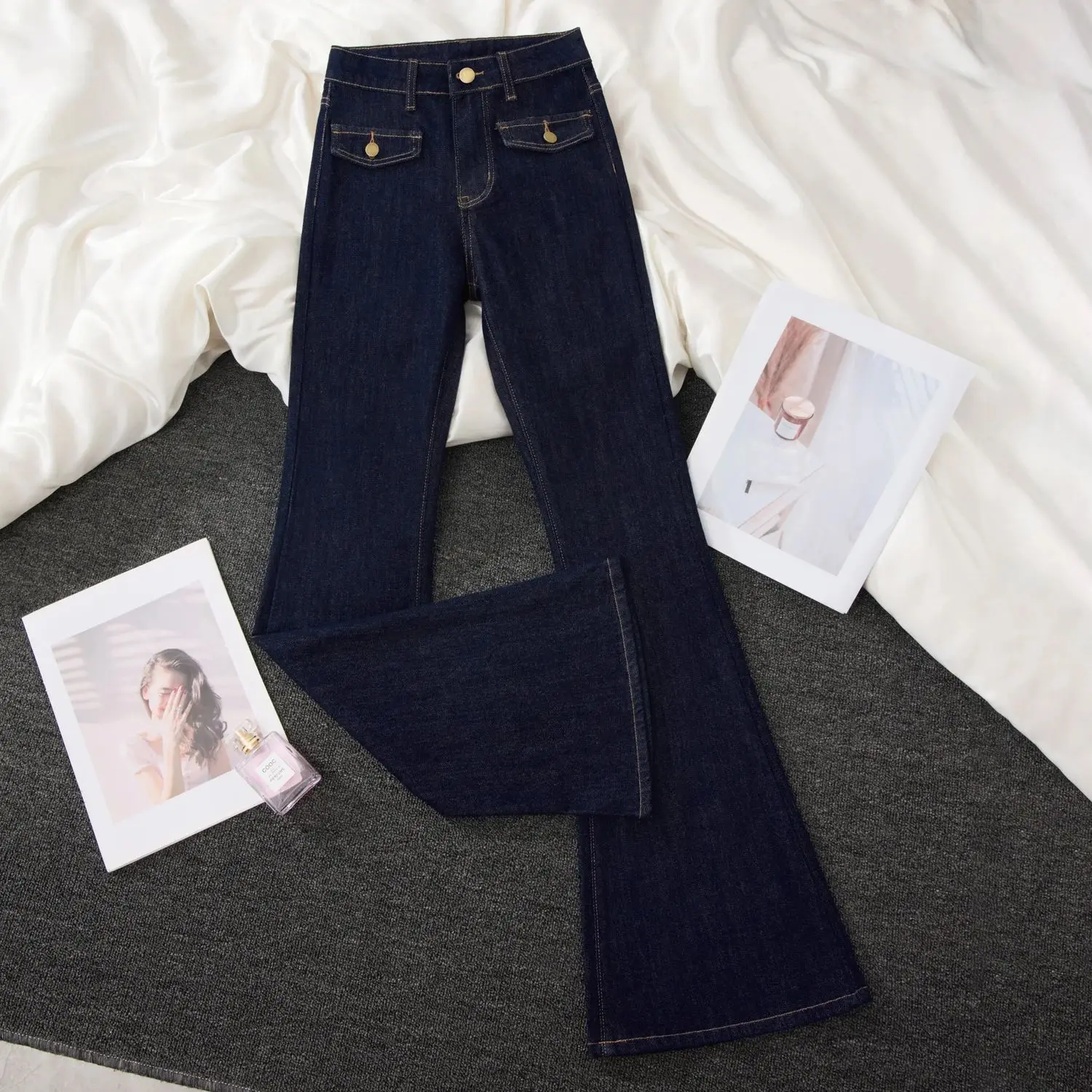 

Blue High Waisted Micro Flared Jeans for Women Autumn 2025 New Elastic Double Pockets Long Pants Versatile Floor -length Pant