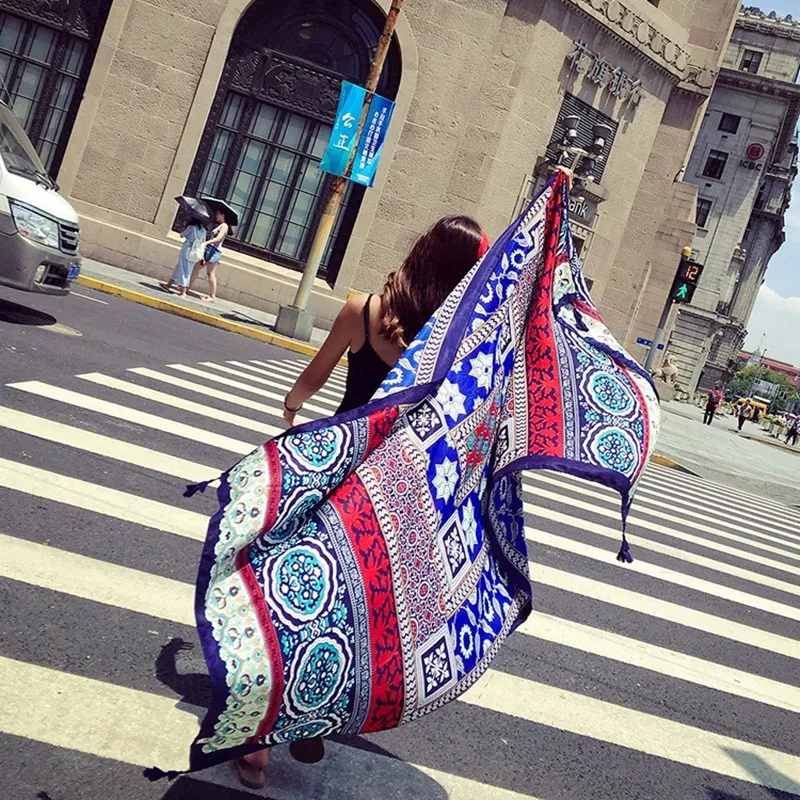 Summer Women Large-size Printed Cotton Linen Beach Shawls Muslim Hijabs Ethnic Scarf Travel Sunscreen Scarf/Scarves