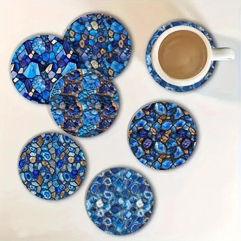 6pcs Ocean Blue Wooden Coasters 2D Blue Design Heat Protecti