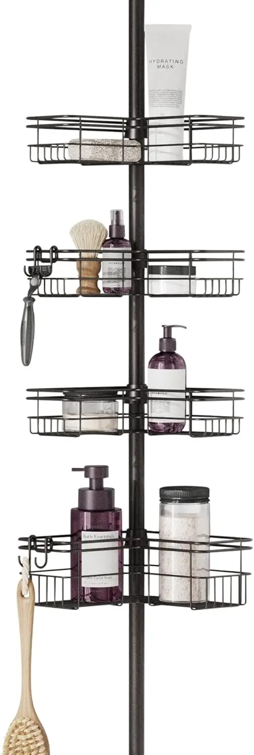 

Tension Pole Shower Caddy with 4 L-Shaped Shelves with Hooks, Bronze, 60-97 Inch – Rust-Resistant Corner Shower Organizer Shelf