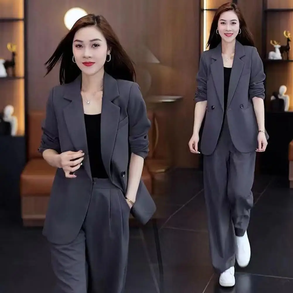 Women Coat Pants Set Formal Coat Pants Set 2 Pcs Lady Formal Coat Pants Set Double Button Cardigan Jacket High Waist Wide Leg