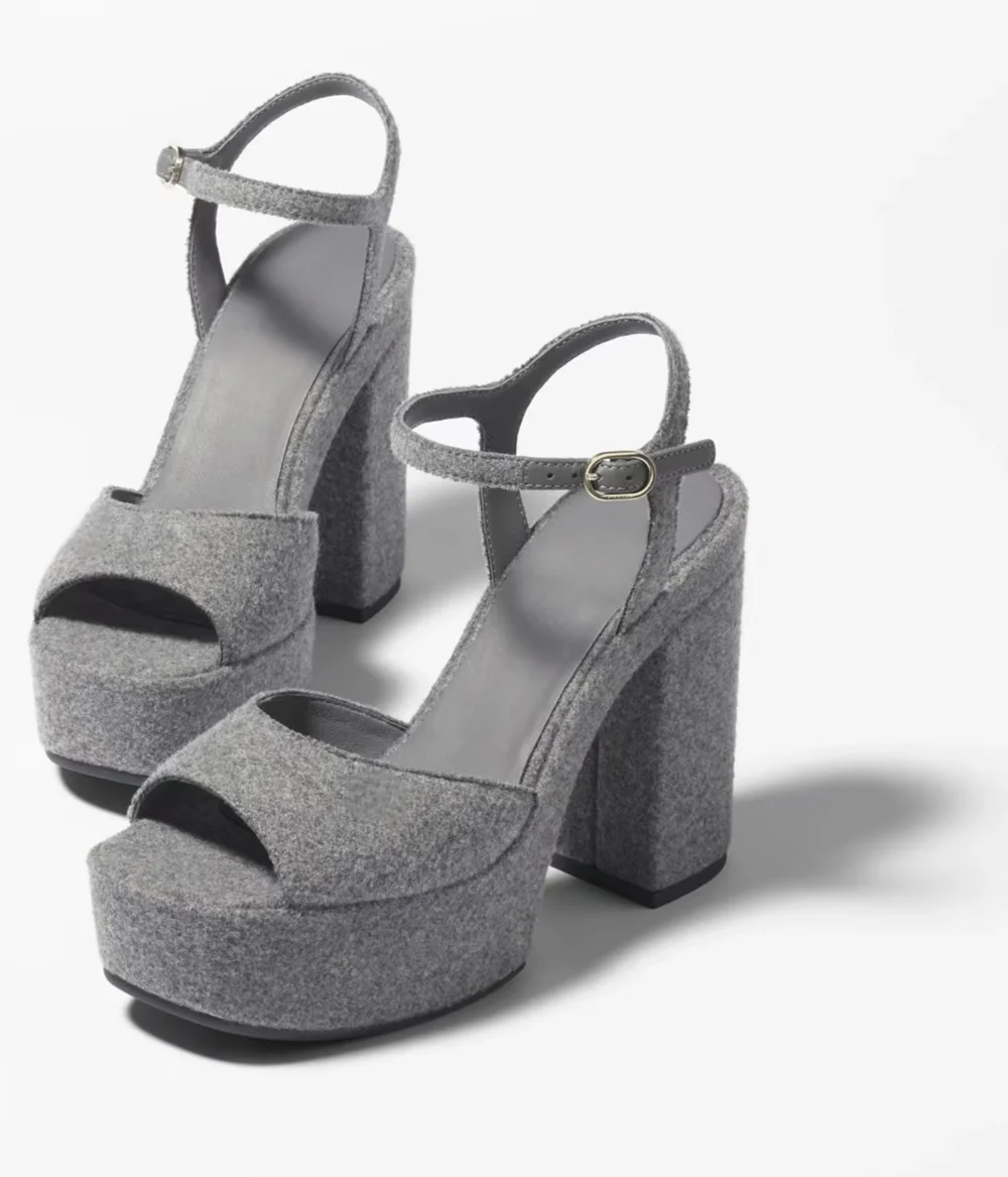 

Grey Wool-Blend Platform Chunky Block Heel Sandals Simple Solid Color Design Ankle Strap Buckle Elegant Fashion Looks Outfits