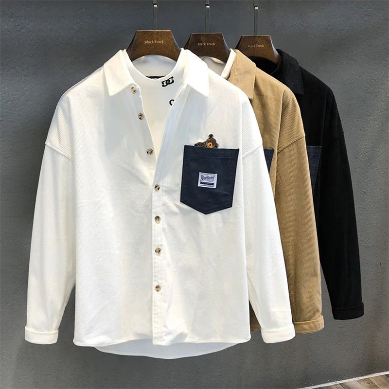 

Мужские повседневные рубашки с длинным рукавом, квадратный воротник, лацкан, пуговицы, лоскутная карманная уличная одежда, модные однотонные свободные весенние топы