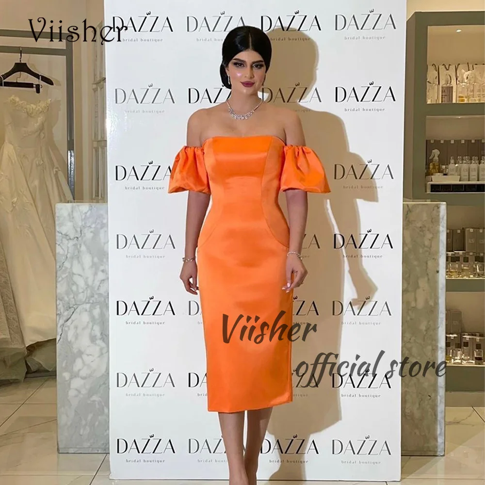 

Viisher Orange Mermaid Evening Party Dresses Strapless Mono Satin Dubai Arabia Formal Prom Dress Tea Length Celebrate Event Gown