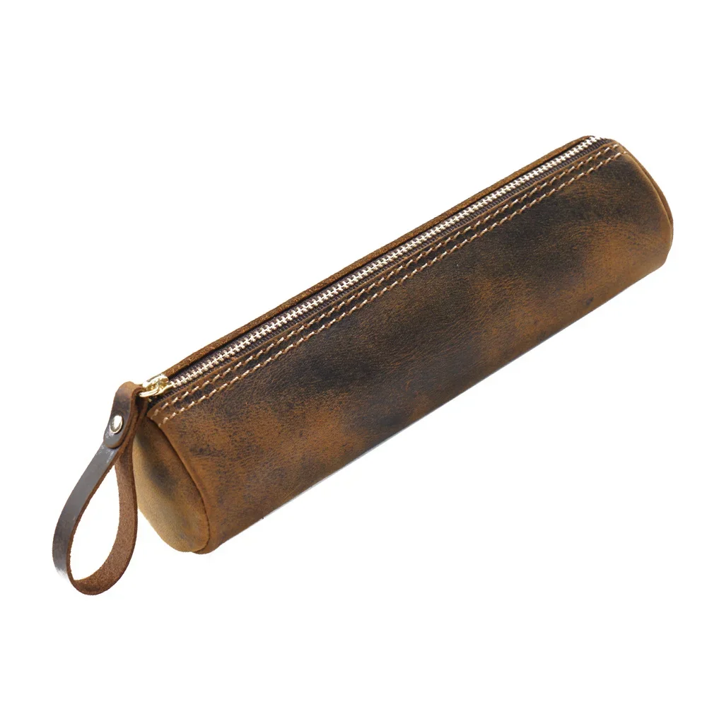 Genuine Leather Zippered Pencil Pouch Large Capacity Pen Bag Pouch Office Student College Stationery Organizer School Supplies