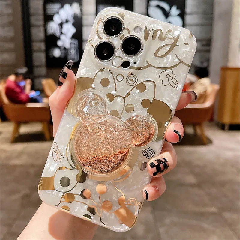 Disney Mickey Minnie Bracket Phone Case iPhone 14 13 12 11 Pro Max Cartoon Fall prevention Gilded Sand Silicone Protective Cover