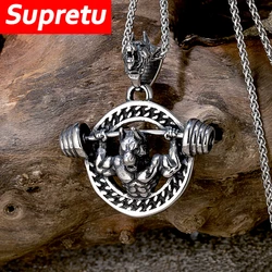 Hip-hop Bodybuilding Barbell Wolf Head Necklace Men Charm Stainless Steel Sport Weightlifting Pendant Fitness Enthusiast Jewelry
