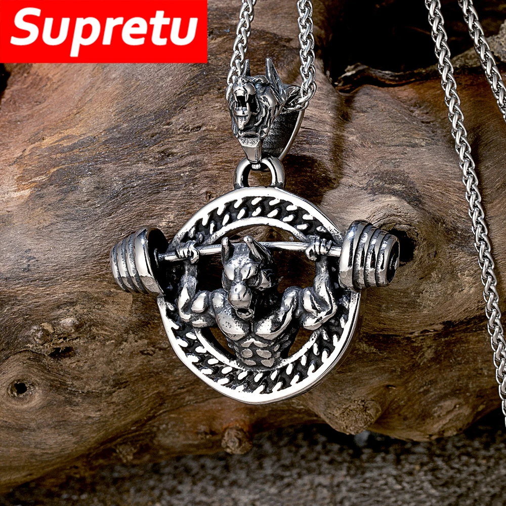 Hip-hop Bodybuilding Barbell Wolf Head Necklace Men Charm Stainless Steel Sport Weightlifting Pendant Fitness Enthusiast Jewelry