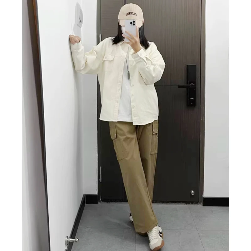 

Summer casual pocket cargo pants women loose high-waisted vertical sense tube broad leg slim drag casual pants